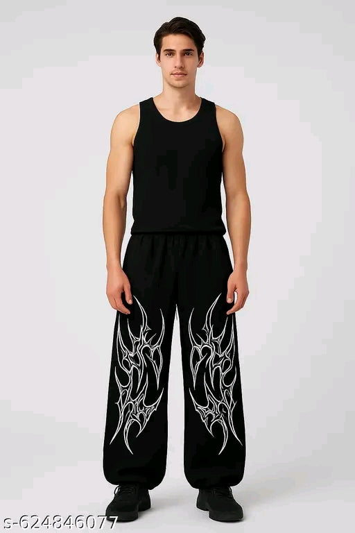 Men’s Black Wide-Leg Tribal Print Track Pants