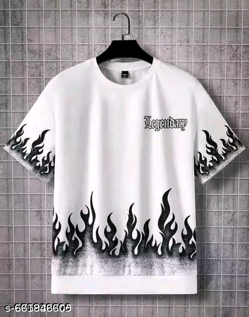 Men’s White Flame Print Streetwear T-Shirt | Legendary Text Graphic Oversized Tee