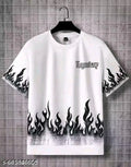 Men’s White Flame Print Streetwear T-Shirt | Legendary Text Graphic Oversized Tee